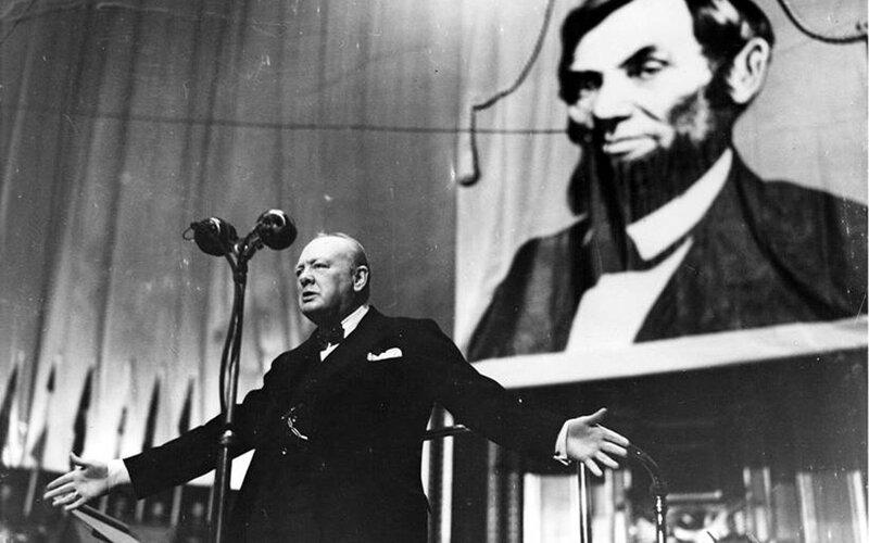  Churchill speaking at the Albert Hall in London, 1944, at an American Thanksgiving Celebration.  Churchill Centre image